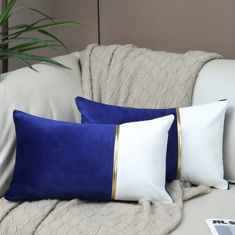 Luxury Home | Blue & White Color Blocked Gold Detail Lumbar Throw Pillow Covers